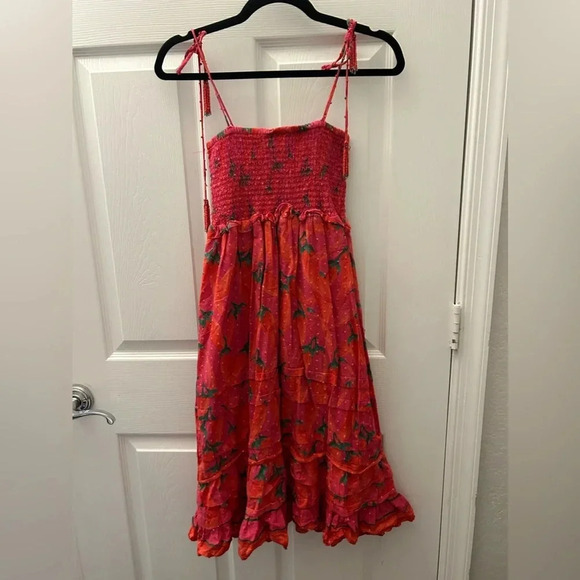 Farm Rio Red Pepper Smocked Tie Ruffle Hem Beaded Strap Dress Red XSmall - Picture 3 of 6
